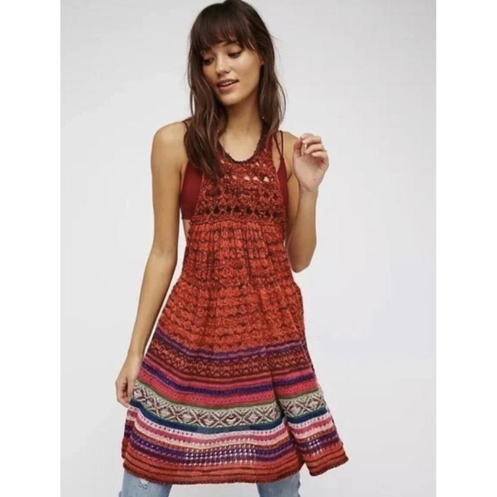 Free People Red Rare Hearts Crochet Sweater Tunic Dress - Size - Medium - Picture 2 of 9